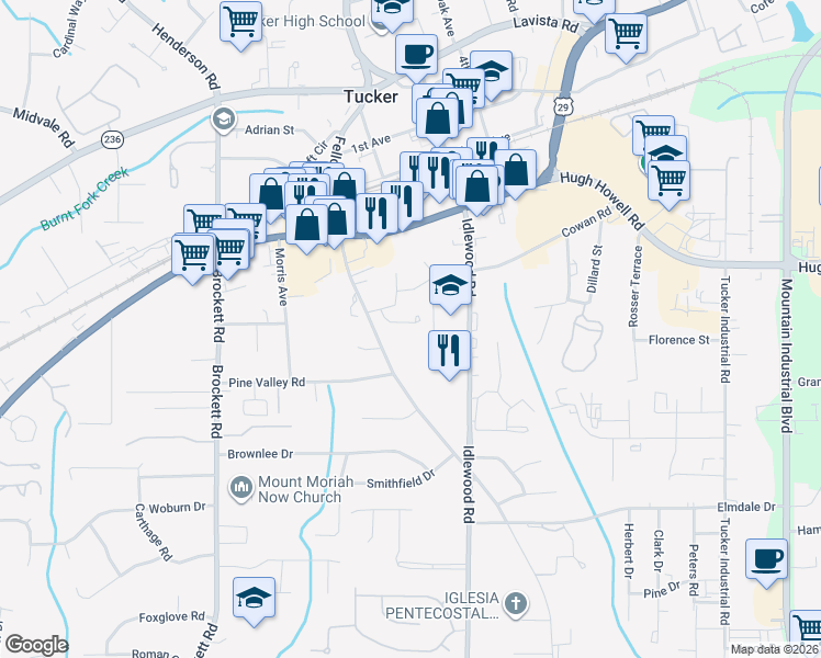 map of restaurants, bars, coffee shops, grocery stores, and more near 2143 Brownings Trce in Tucker