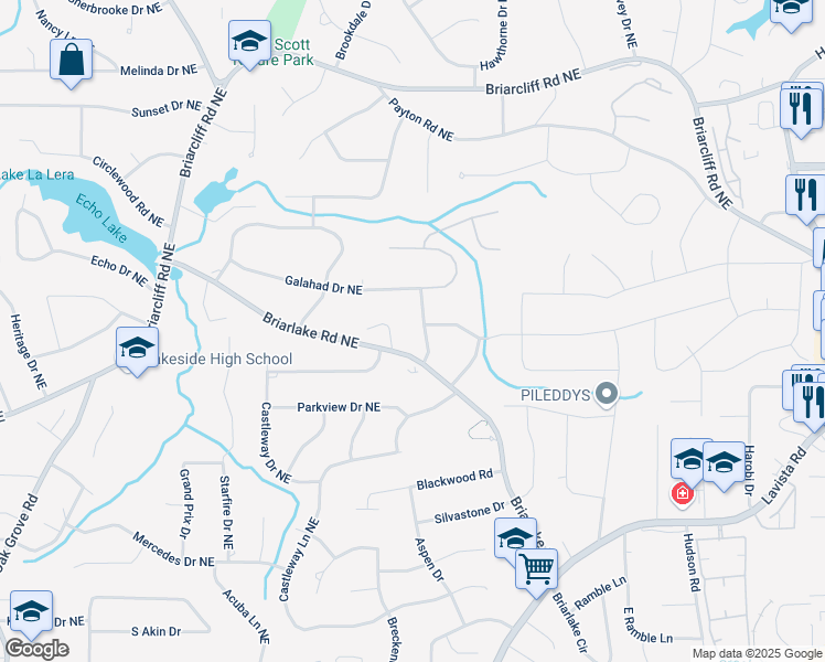 map of restaurants, bars, coffee shops, grocery stores, and more near 2146 Greensward Drive Northeast in Atlanta