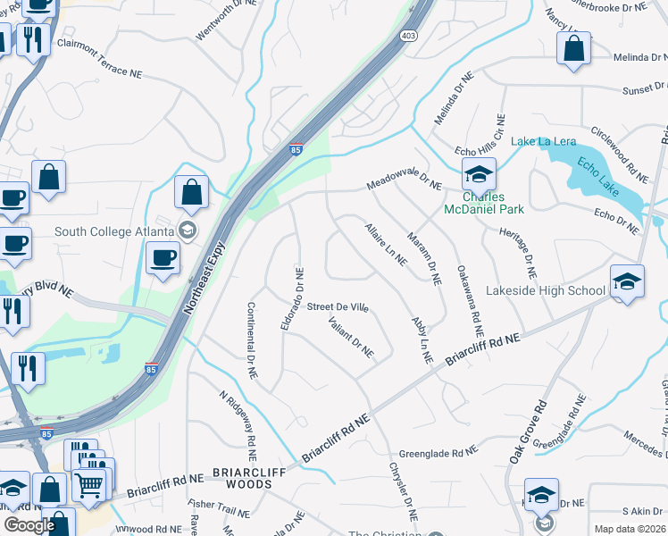 map of restaurants, bars, coffee shops, grocery stores, and more near 2175 Meadowcliff Drive Northeast in Atlanta