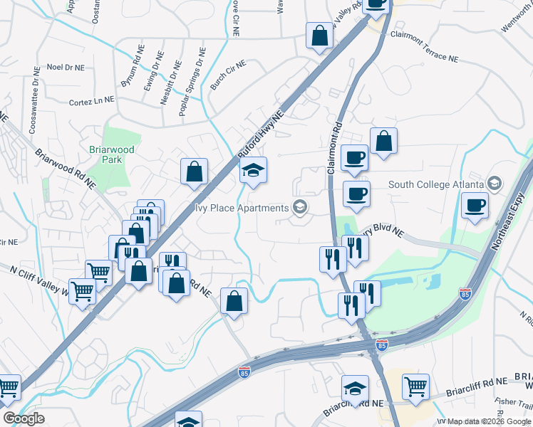 map of restaurants, bars, coffee shops, grocery stores, and more near 1680 Clairmont Place Northeast in Atlanta