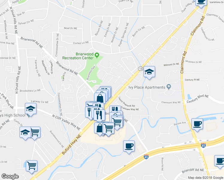 map of restaurants, bars, coffee shops, grocery stores, and more near 3460 Georgia 13 in Atlanta