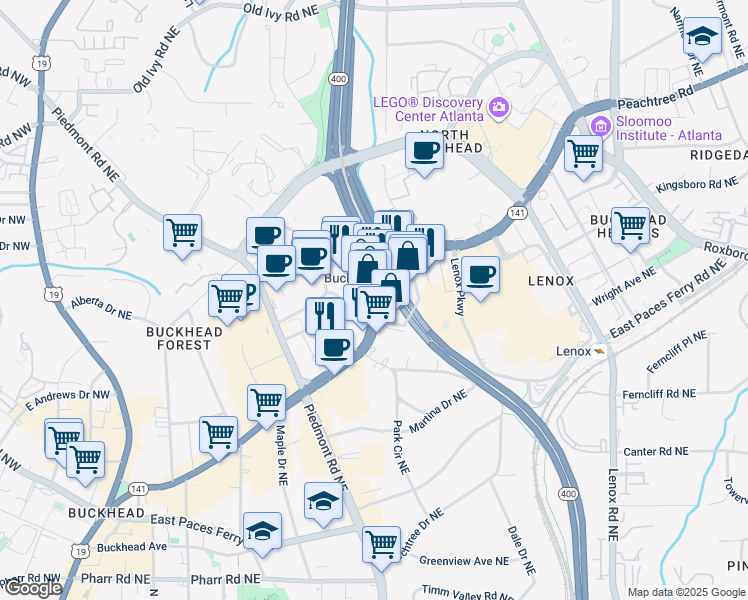 map of restaurants, bars, coffee shops, grocery stores, and more near 3348 Peachtree Road Northeast in Atlanta