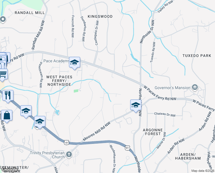 map of restaurants, bars, coffee shops, grocery stores, and more near 3375 East Wood Valley Road Northwest in Atlanta