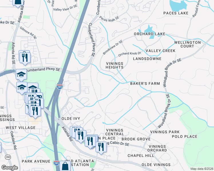 map of restaurants, bars, coffee shops, grocery stores, and more near 4331 Valley Trail Drive Southeast in Atlanta