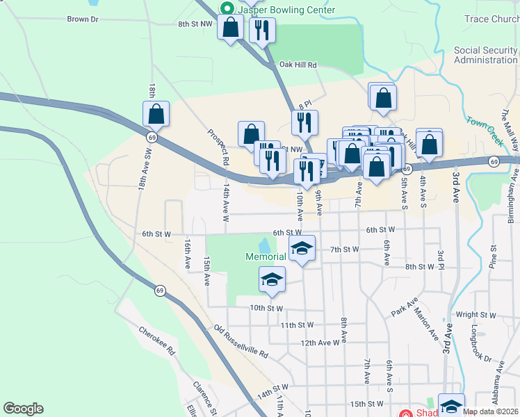 map of restaurants, bars, coffee shops, grocery stores, and more near 1303 Highway 78 in Jasper