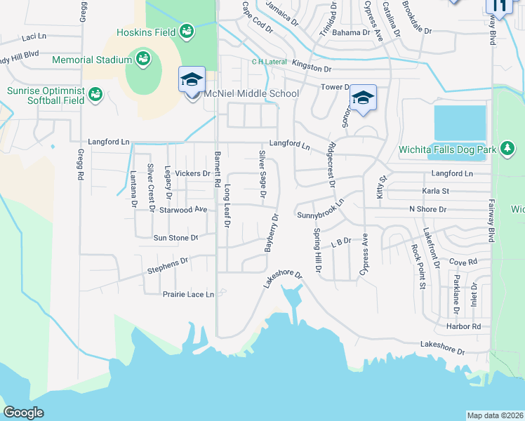 map of restaurants, bars, coffee shops, grocery stores, and more near 5310 Spindletree Drive in Wichita Falls