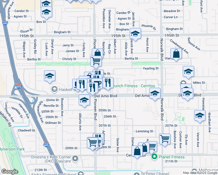 map of restaurants, bars, coffee shops, grocery stores, and more near 11883 Del Amo Boulevard in Cerritos