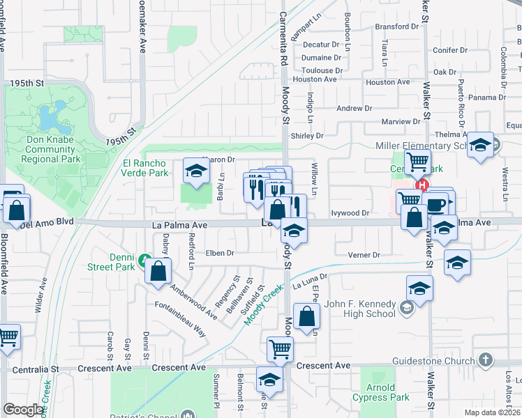 map of restaurants, bars, coffee shops, grocery stores, and more near 4943 La Palma Avenue in La Palma