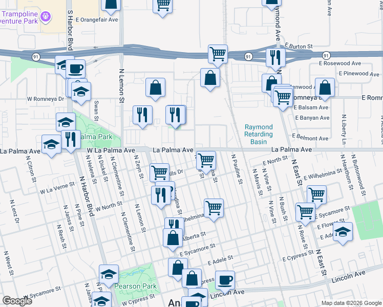 map of restaurants, bars, coffee shops, grocery stores, and more near 925 North Olive Street in Anaheim