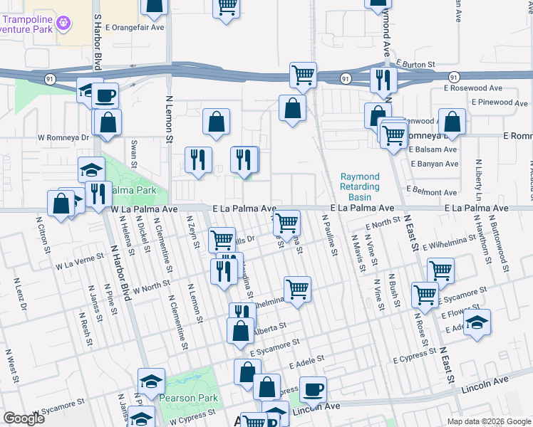 map of restaurants, bars, coffee shops, grocery stores, and more near 925 North Olive Street in Anaheim