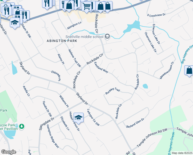 map of restaurants, bars, coffee shops, grocery stores, and more near 2038 Walden Park Drive in Snellville