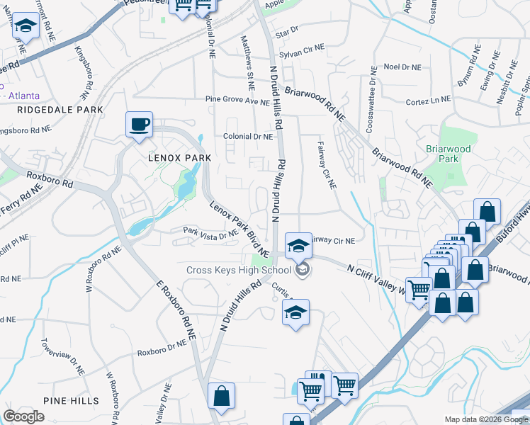 map of restaurants, bars, coffee shops, grocery stores, and more near 1267 Village Run Northeast in Atlanta