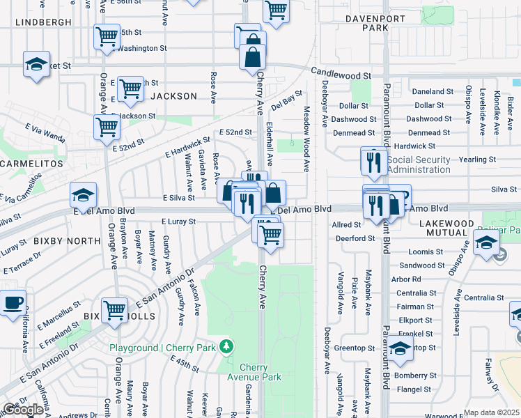 map of restaurants, bars, coffee shops, grocery stores, and more near E Del Amo Blvd & Cherry Ave in Long Beach