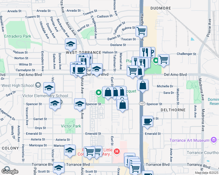 map of restaurants, bars, coffee shops, grocery stores, and more near 4208 Michelle Drive in Torrance