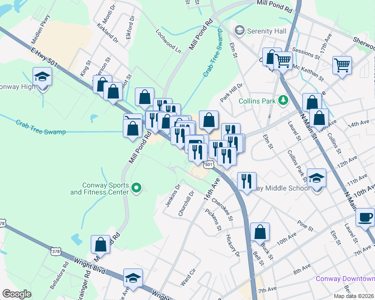map of restaurants, bars, coffee shops, grocery stores, and more near 1612 Church Street in Conway
