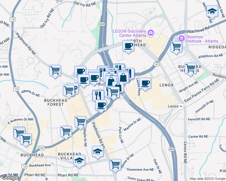 map of restaurants, bars, coffee shops, grocery stores, and more near 3348 Peachtree Road Northeast in Atlanta