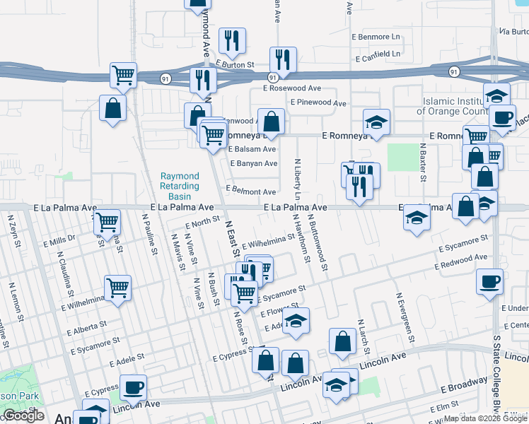 map of restaurants, bars, coffee shops, grocery stores, and more near 1250 East La Palma Avenue in Anaheim