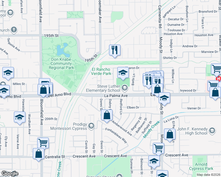 map of restaurants, bars, coffee shops, grocery stores, and more near 4536 Montecito Drive in La Palma