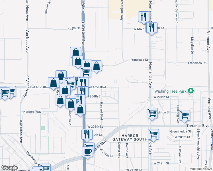 map of restaurants, bars, coffee shops, grocery stores, and more near 1551 Del Amo Boulevard in Torrance