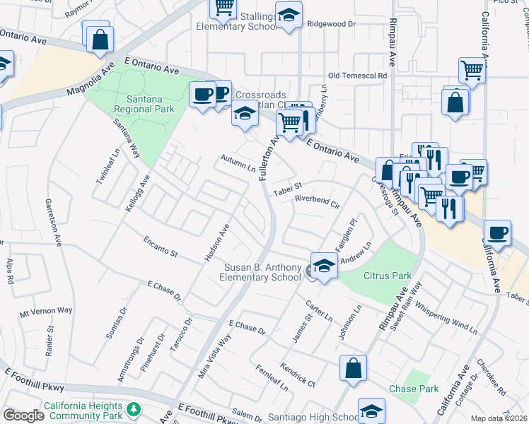 map of restaurants, bars, coffee shops, grocery stores, and more near 945 Ferndale Drive in Corona