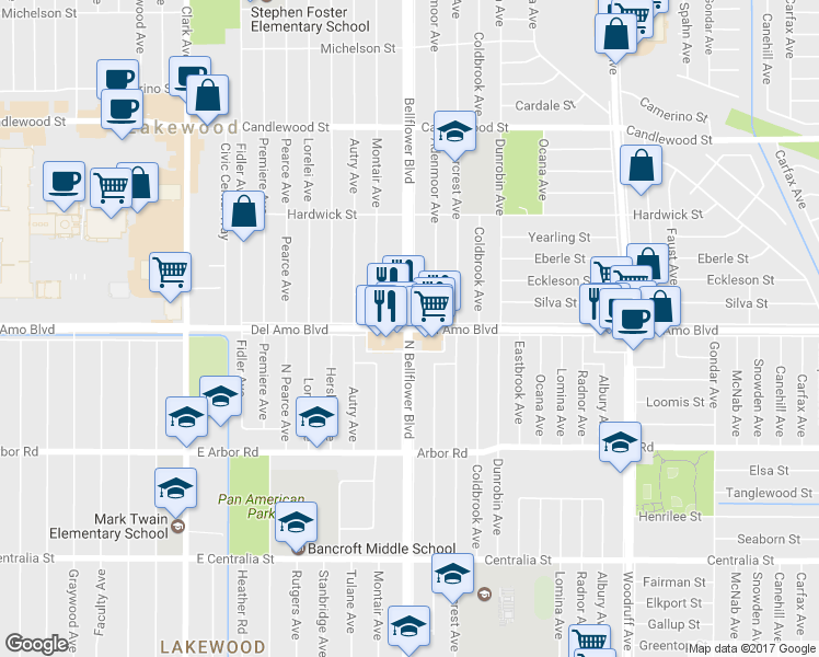 map of restaurants, bars, coffee shops, grocery stores, and more near 4654 Bellflower Boulevard in Lakewood