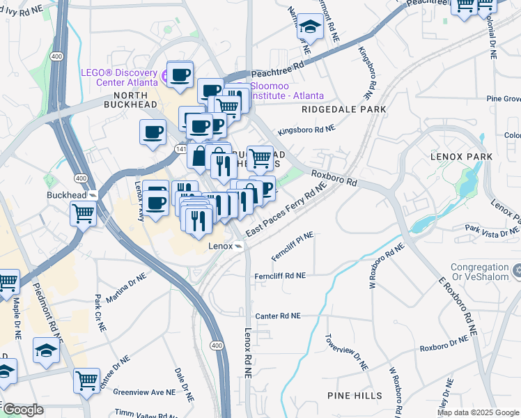 map of restaurants, bars, coffee shops, grocery stores, and more near 950 East Paces Ferry Road Northeast in Atlanta