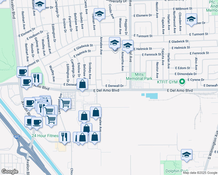 map of restaurants, bars, coffee shops, grocery stores, and more near 1232 East Denwall Drive in Carson