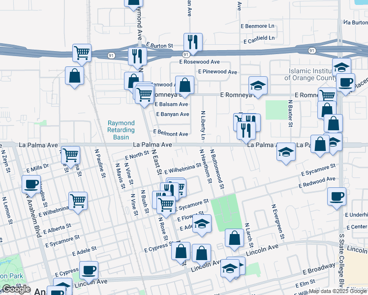 map of restaurants, bars, coffee shops, grocery stores, and more near 1260 East La Palma Avenue in Anaheim