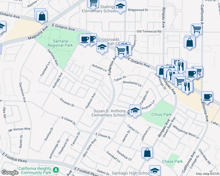 map of restaurants, bars, coffee shops, grocery stores, and more near 945 Ferndale Drive in Corona