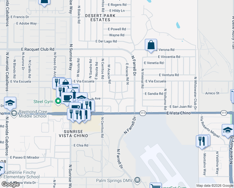 map of restaurants, bars, coffee shops, grocery stores, and more near 1950 North Magnolia Road in Palm Springs