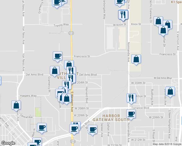 map of restaurants, bars, coffee shops, grocery stores, and more near 1551 Del Amo Boulevard in Torrance