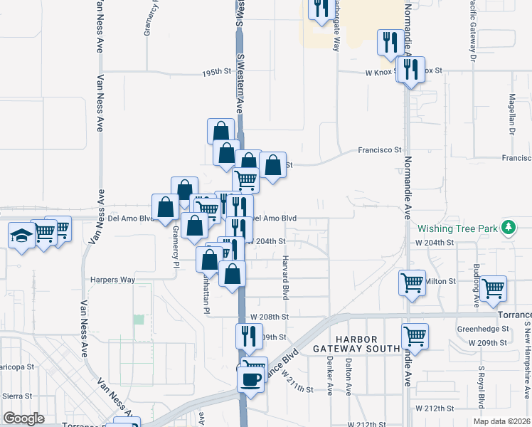 map of restaurants, bars, coffee shops, grocery stores, and more near 1633 Del Amo Boulevard in Torrance