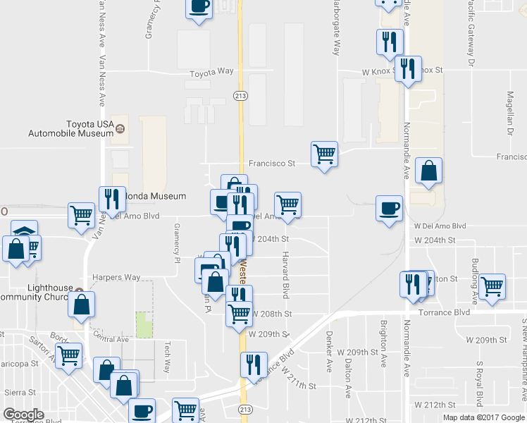map of restaurants, bars, coffee shops, grocery stores, and more near 1637 Del Amo Blvd in Torrance