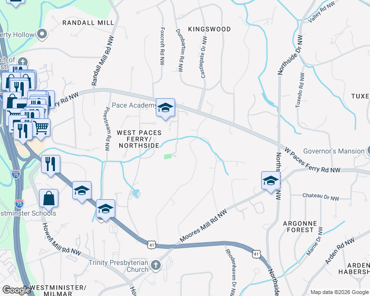 map of restaurants, bars, coffee shops, grocery stores, and more near 3374 Wood Valley Rd NW in Atlanta