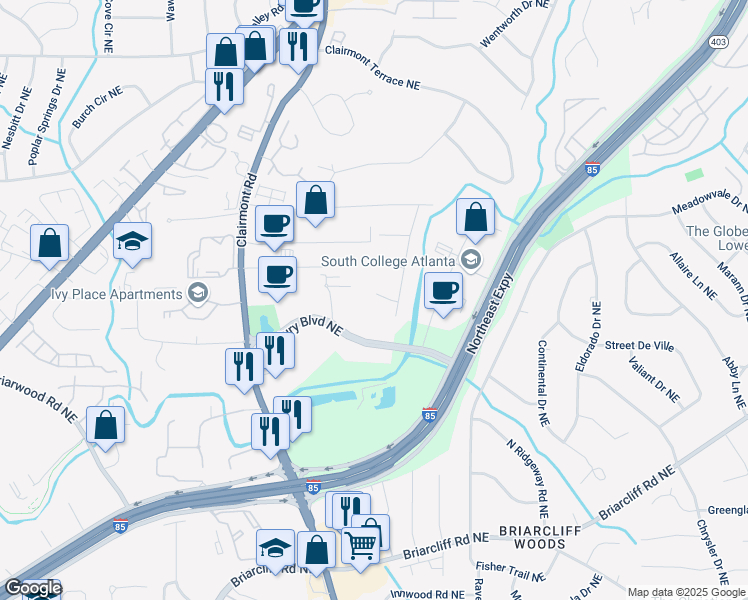 map of restaurants, bars, coffee shops, grocery stores, and more near 1933 Radar Road Northeast in Atlanta