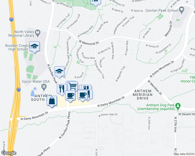 map of restaurants, bars, coffee shops, grocery stores, and more near 39932 North Wisdom Way in New River