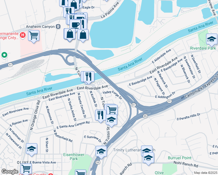 map of restaurants, bars, coffee shops, grocery stores, and more near 4004 East Crockett Drive in Anaheim