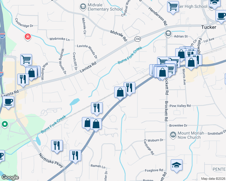 map of restaurants, bars, coffee shops, grocery stores, and more near 3849 Stephens Court in Tucker
