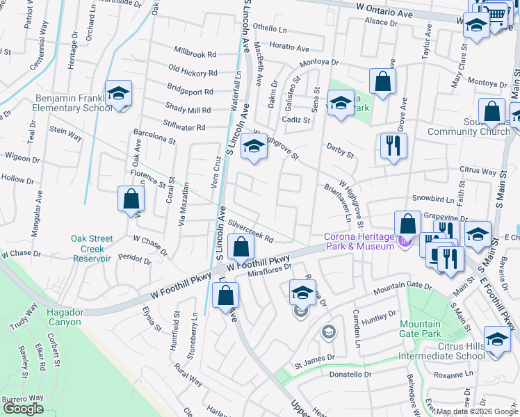 map of restaurants, bars, coffee shops, grocery stores, and more near 1010 Royal Oaks Circle in Corona