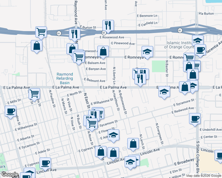 map of restaurants, bars, coffee shops, grocery stores, and more near 1349 East La Palma Avenue in Anaheim