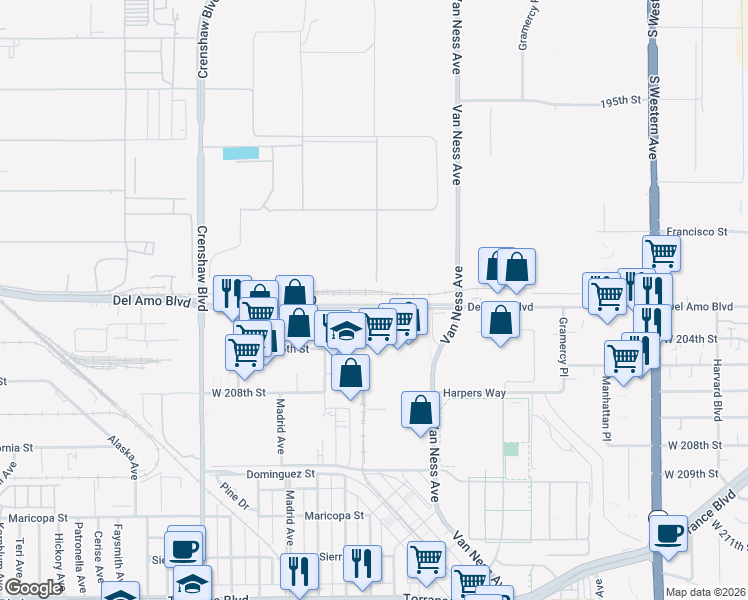 map of restaurants, bars, coffee shops, grocery stores, and more near 2207 Del Amo Boulevard in Torrance