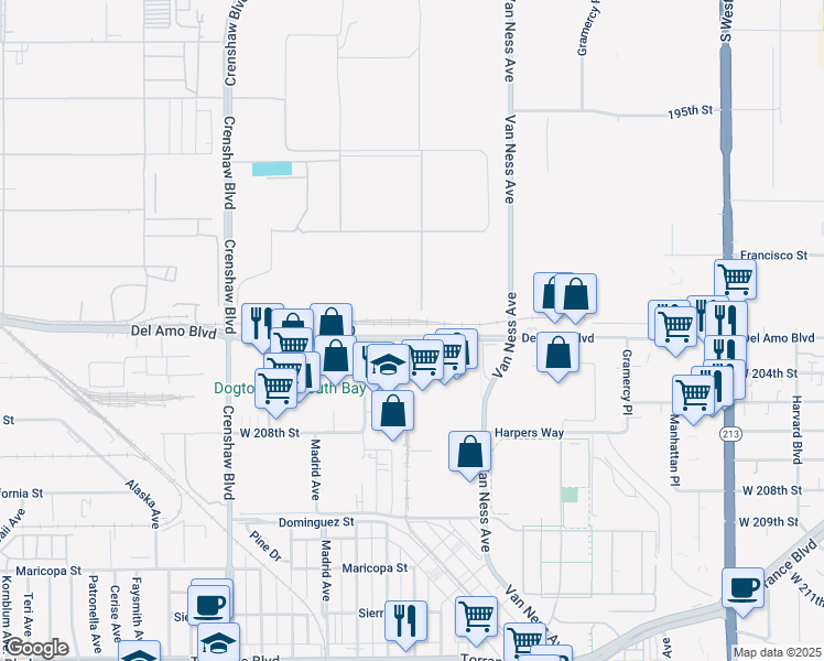 map of restaurants, bars, coffee shops, grocery stores, and more near 2207 Del Amo Boulevard in Torrance
