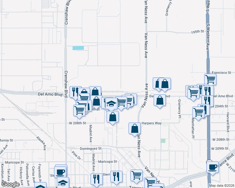 map of restaurants, bars, coffee shops, grocery stores, and more near 2207 Del Amo Boulevard in Torrance