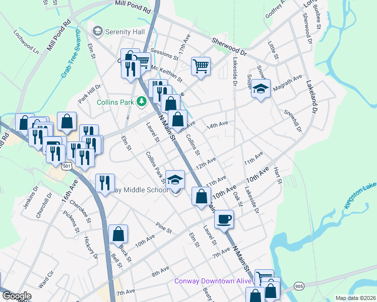 map of restaurants, bars, coffee shops, grocery stores, and more near 1301 Collins Street in Conway