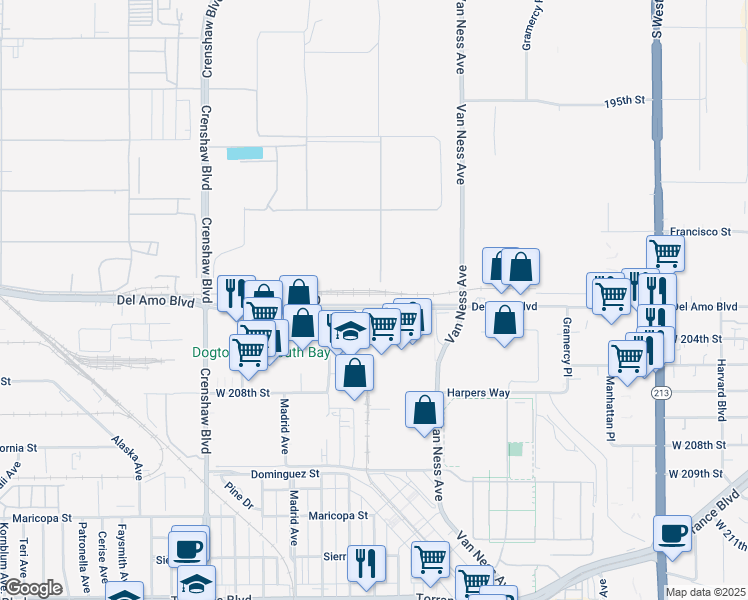 map of restaurants, bars, coffee shops, grocery stores, and more near 2207 Del Amo Blvd in Torrance