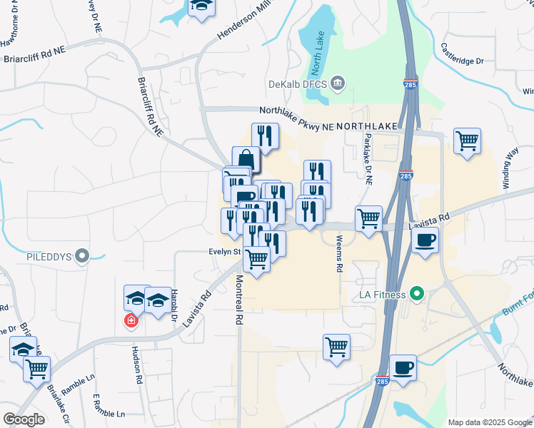 map of restaurants, bars, coffee shops, grocery stores, and more near 4000 Lavista Road in Tucker
