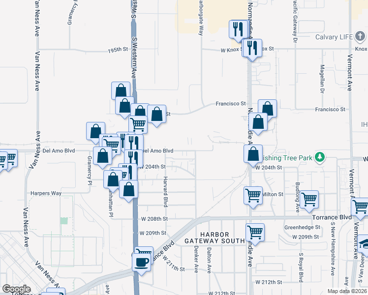 map of restaurants, bars, coffee shops, grocery stores, and more near 1519 Del Amo Boulevard in Torrance