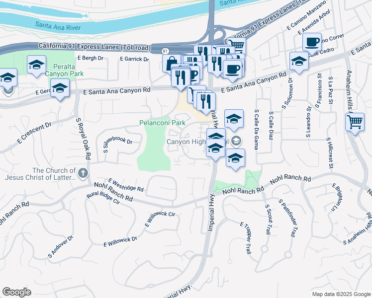 map of restaurants, bars, coffee shops, grocery stores, and more near 248 Vista Del Monte in Anaheim