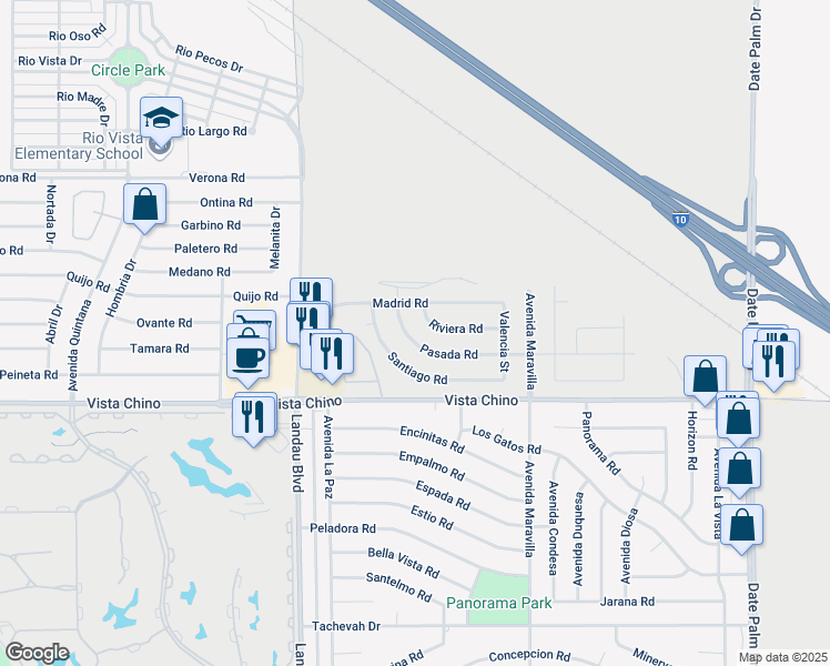map of restaurants, bars, coffee shops, grocery stores, and more near 68262 Pasada Road in Cathedral City