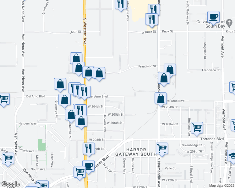 map of restaurants, bars, coffee shops, grocery stores, and more near 1519 Del Amo Boulevard in Torrance